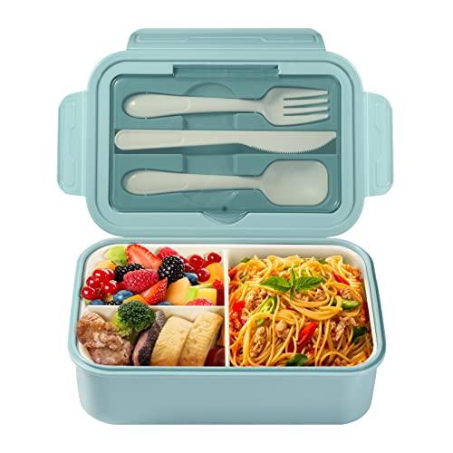 Diboniur Lunch Box, Porta Pranzo con Posate, 1400ml Bambino Adulto Bento Box con 3 Scomparti, Schiscetta Contenitore Pranzo per Microonde Lavoro Picnic Ufficio (Blu)
