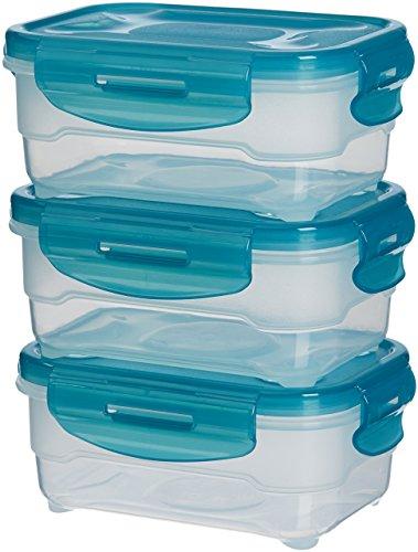 Amazon Basics Set di 3 contenitori ermetici per alimenti da 0.6 litri, con coperchio, in plastica senza BPA, adatti per frigorifero, congelatore, microonde e lavastoviglie, azzurro