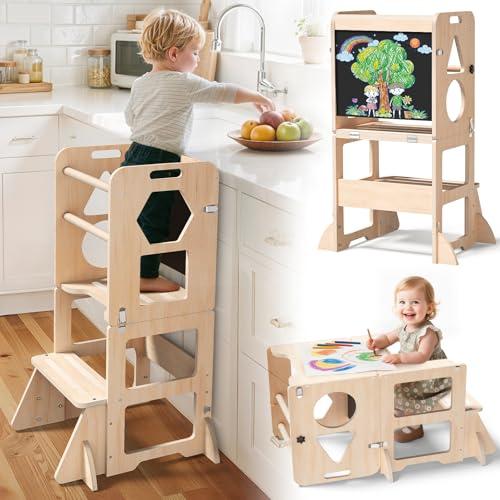 3-in-1 Torre montessoriana per bambini, Sgabello pieghevole con lavagna, torre di apprendimento per bambini per cucina, tavolo da pranzo e bagno