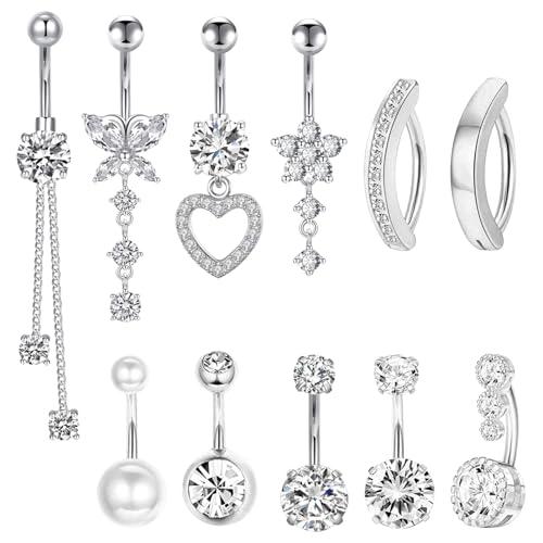 Set di 11 Piercing Ombelico da Donna con Perla, Clicker, Barbell, Cuore e Farfalla