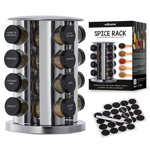edihome, Porta Spezie per Cucina, Girevole, 360º, 16 Barattoli di Spezie, con Coperchi e Dispenser Individuali, Organizer, con Etichette per Barattoli