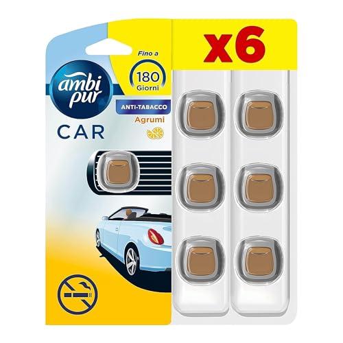 Ambi Pur Profumatore Auto, 6 Deodoranti Auto, Fragranza Anti -Tabacco, Elimina Odori, Facile da Agganciare, Fino a 30 Giorni di Profumo per Deodorante, Usa e Getta