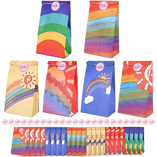 Romon Sacchetti Regalo Carta Kraft Arcobaleno - 24 Pezzi con Adesivi