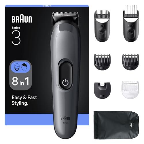 Braun AIO3540, set da barba tutto in uno, serie 3, 8-in-1, lama ultra affilata, 14 lunghezze, taglio preciso per viso e capelli, durata 50 min, stile facile e veloce, grigio