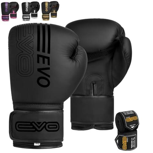 EVO Fitness Guanti da boxe neri opachi MMA Muay Thai arti marziali Kick Boxing Sparring allenamento combattimento uomo sacco da boxe donna guanti rosa con impacchi a mano (Nero, 16 OZ)