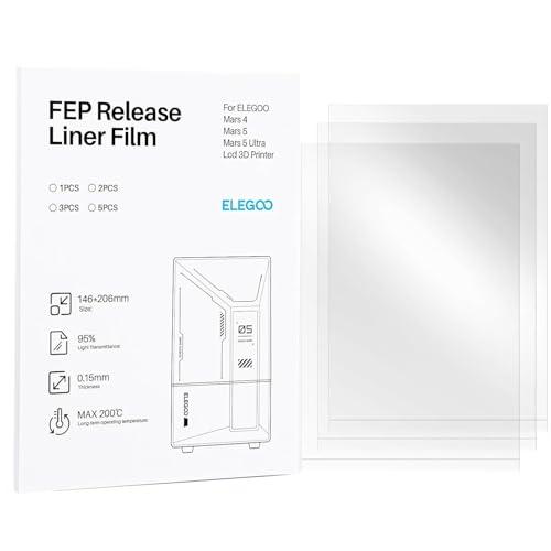 ELEGOO 3pcs FEP per Stampanti 3D LCD Mars 4/ Mars 5/ Mars 5 Ultra, Trasmissione della Luce al 95%, Dimensioni 206×146 mm², Spessore 0,15 mm