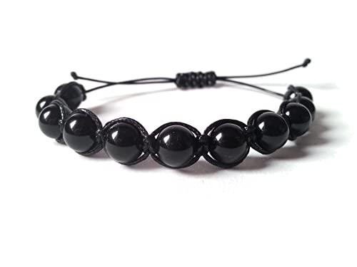 Braccialetto Onice Nero Liscio Unisex, Shamballa il Bracciale Della Felicità, Regolabile Fatto a Mano, Pietre Dure