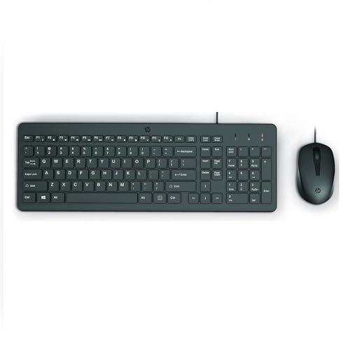 HP 150 Combo Tastiera e Mouse con cavo USB da 100 cm, Indicatore LED Blocco Maiuscole, 12 Combinazioni di Tasti, Plug and Play, Mouse Sensore Ottico da 1600 DPI, Compatibile con Windows 11, Nera