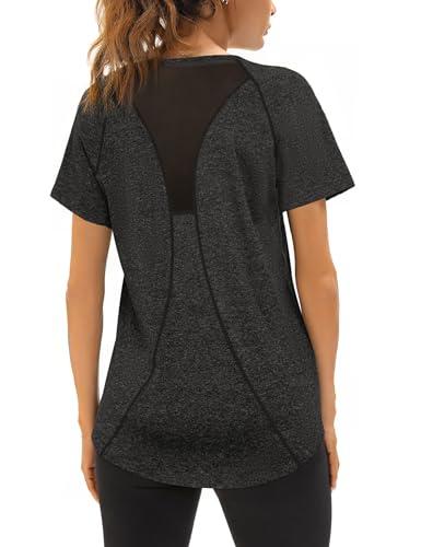 Wayleb Maglietta Sportiva Donna Fitness Traspirante Scollo a V Manica Corta Nera XL