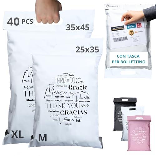 EMBALLAX - 40 Buste per Spedizioni Vinted CON TASCA PER BOLLETTINO - 2 Taglie M/XL - NON TRANSPARENTI/ULTRA-RESISTENTI - Sacchetti Spedizione in Plastica - Pochette Postali con Maniglia - grazie
