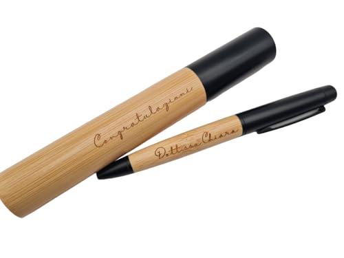 Penna a sfera in bambù con custodia cilindrica personalizzabile