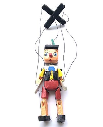 Pinocchio in legno con corda multicolore, 20 cm
