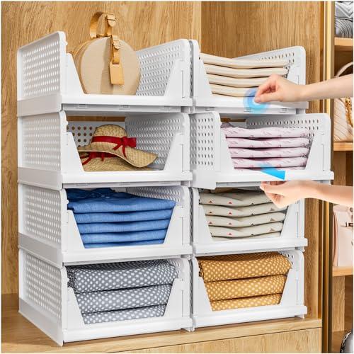 TidyIsles Organizer Armadio Pieghevole - Set da 4 Cassettiere Impilabili in Plastica per Camera da Letto, Cucina, Bagno (Bianco)
