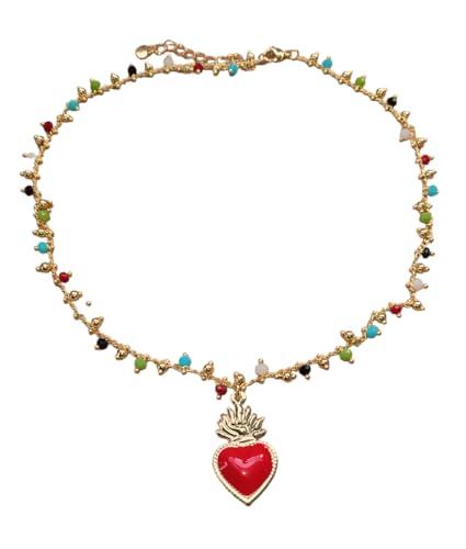 Collana con Cuore Sacro Ex Voto Rosso Catenina con Perline