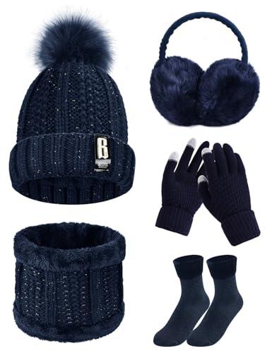 Tuopuda Cappello Sciarpa e Guanti Touch Screen Donna Invernali Berretto in Maglia Beanie Collo della Ciarpa 5 Pezzi Beanie Hat Scaldacollo Calzini Ispessiti Paraorecchie Earmuffs di peluche