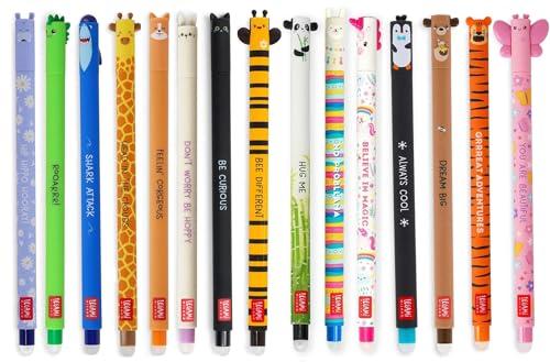 LEGAMI - Set di 15 penne gel cancellabili, con inchiostro gel cancellabile, non rovinano i fogli, punta da 0,7 mm, colori assortiti e motivi a forma di animali
