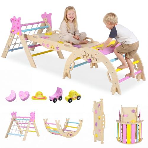 COSTWAY 7 in 1 Set da Arrampicata per Bambini, Set Montessori con Arco, Rampa e Scalatore, Giocattolo Pieghevole per Arrampicata per Bambini 1 Anni + (Unicorno 3 pezzi, Macaron)