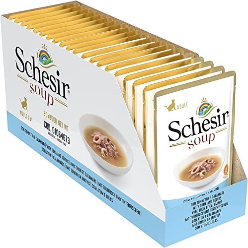 Schesir Soup, Cibo Umido per Gatti Adulti al Gusto Tonnetto Selvaggio e Calamari, Filetti in Salsa - Totale 1,7Kg (20 Buste da 85G)