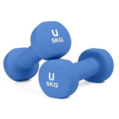 Unycos - Set di 2 Manubri Antiscivolo in Neoprene, Coppia di Pesi Rotonde da 5 kg - Blu