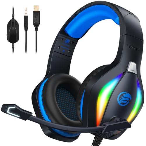 Fachixy FC100 Cuffie Gaming per PS4, PS5, PC, Xbox, Nintendo Switch, con Luce RGB, con Microfono, Audio Stereo, con Cancellazione Del Rumore con filo - BLU