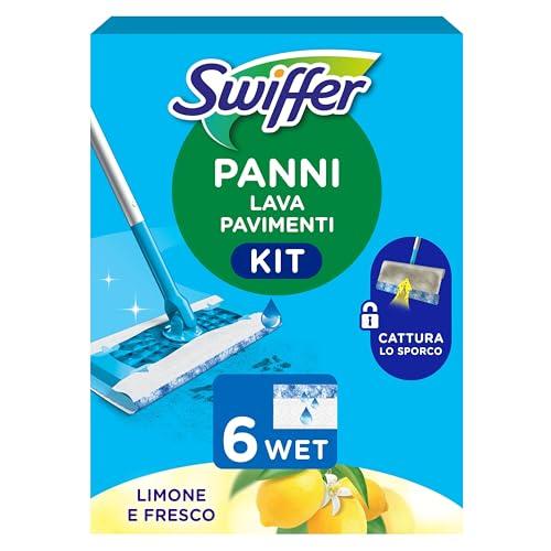 Swiffer Wet Lavapavimenti Kit, 1 Scopa e 6 Panni Umidi, Limone, Maxi Formato, Lava Pavimenti, Pulizia Igienica Profonda, Rimuove Sporco e Batteri, Per Tutti I Tipi di Pavimenti