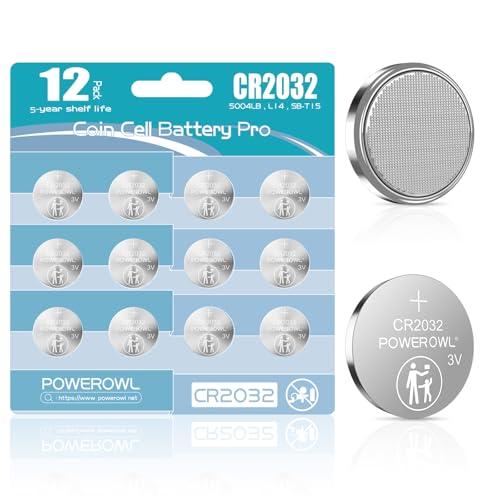 POWEROWL CR2032, Confezione da 12, Batteria a bottone al litio 3V