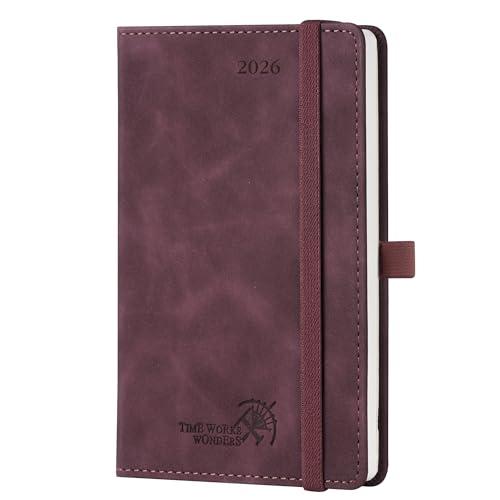 POPRUN Agenda Settimanale 2026 Piccola 16 x 10,5 cm, 1 Pagina a Settimana con 1 Pagina di Appunti, Copertina Morbida in Pelle PU, Carta Spessa da 100 GSM, Bordeaux Scuro