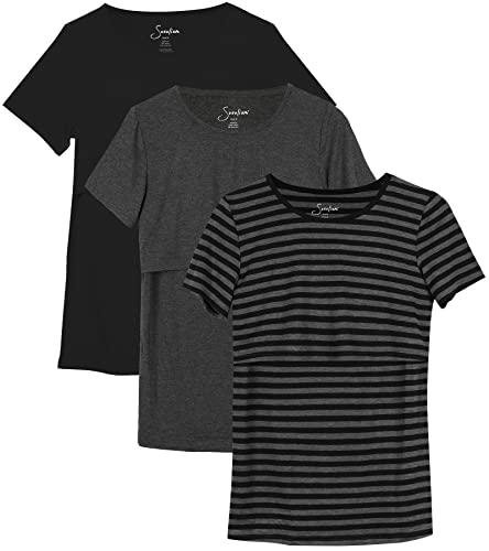 Sosolism Set da 3 Magliette da Allattamento Estate a Maniche Corte T-Shirt Casual per Gravidanza e Post-Parto per Donne Nero, Grigio Scuro, Rigato, Medio