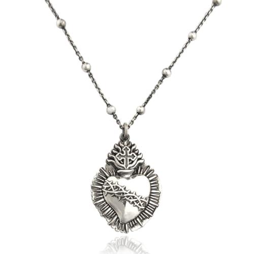 Collana in Argento 925 Cuore Sacro Ex Voto, Cuore di Gesù Fiammeggiante Artigianale