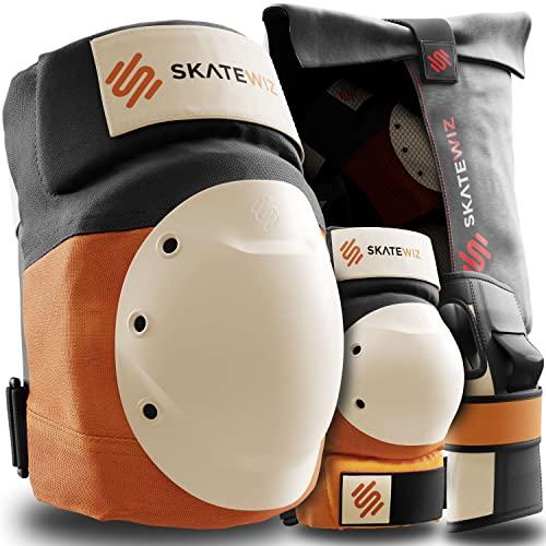 SKATEWIZ Polsiere Pattinaggio Adulto - Linea, Skateboard, BMX, Monopattino, Pattini a Rotelle - Protezioni Pattini - Protezioni Skateboard Adulto - SHIELD Taglia L Alba arancione