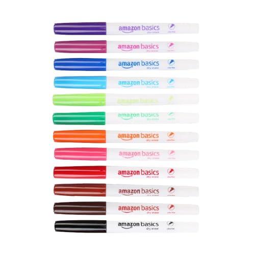 Amazon Basics - Pennarelli Cancellabili a Secco Punta Ultra Fine, 12 Colori Assortiti