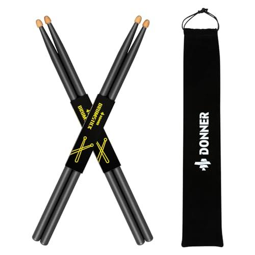Donner Bacchette per Batteria 5A in Legno d'Acero Nere (2 Paia + Borsa)