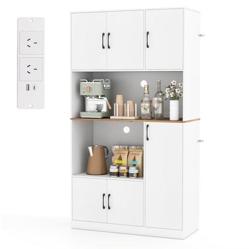 COSTWAY Armadio Dispensa Alto 180 cm con Presa di Corrente, Credenza da Cucina a 4 Ante, Bianco