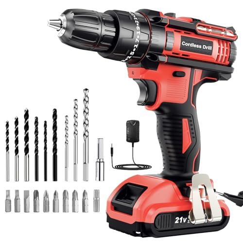 Trapano Avvitatore a Batteria 21V, 42Nm, 2 Batterie 2.0Ah, 25+3 Coppie, 2 Velocità, 23 Accessori, Luce LED