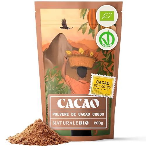 NaturaleBio Cacao Biologico in Polvere 200g. Naturale e Puro da Fave Crude. Non Zuccherato. Prodotto dalla pianta Theobroma Cacao. Lavorato a basse Temperature. Testato per Metalli Pesanti