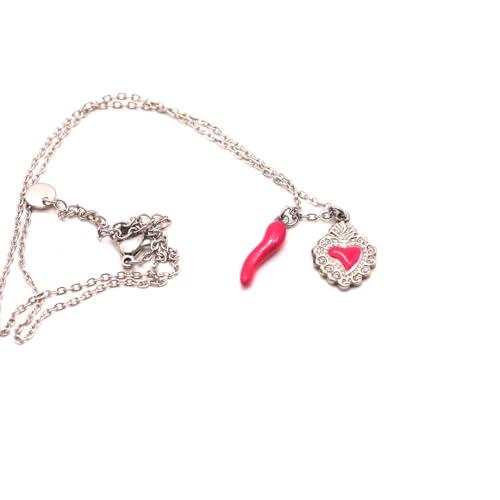 Collana Girocollo Cuore Sacro e Cornetto in Acciaio Inossidabile