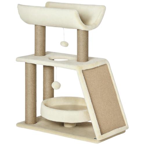 PawHut Albero Tiragraffi per Gatti con Cuccia a U, Lettino e Tappetino, 60x30x76 cm, Marrone Chiaro