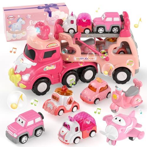 Usrela Camion Macchinine per Bambini 2 3 4 Anni, 7 in 1 Camion Macchinine con Suoni e Luci, Giocattolo Gioco Regalo per 1 2 3 Anni Ragazze Bambino