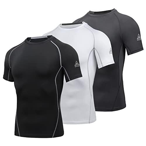 AMZSPORT Maglietta a Compressione da Uomo, a Maniche Corte, Funzionale, Cool Dry, per Allenamento e Corsa, Confezione da 3: Nero + Bianco + Grigio, L