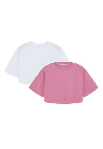 TERRANOVA Maglietta Donna Crop Ampia in Cotone - Pacco Doppio Bianco e Rosa