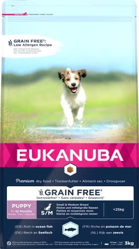 Eukanuba Grain Free* - Alimento per cuccioli di taglia piccola e media, Ricetta a basso contenuto di allergeni, 3 kg