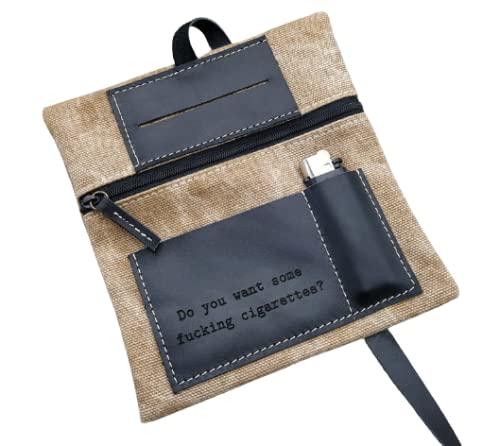 Portatabacco Personalizzabile Nome Messaggio in vera pelle e cotone canvas con cerniera, Astuccio porta tabacco, cartine, filtri e accendino, Borsello portatabacco inciso laser