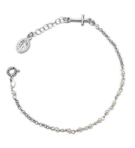 Bracciale Rosario in Argento 925 con Perle Bianche e Medaglia Miracolosa - Linea Italia Gioielli