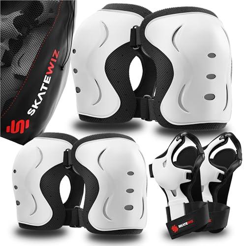 SKATEWIZ Protezioni Pattini Adulto - Protezioni Skateboard Adulto - Protezione Bambina - Ginocchiere Skateboard, BMX, Roller, Bicicletta Regalo di Natale - IMPACT Taglia L Bianco