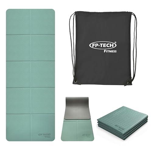 Tappetino Yoga Pieghevole FP-TECH in TPE con Sacca - Verde Acqua/Grigio, 183x68x0.6 cm