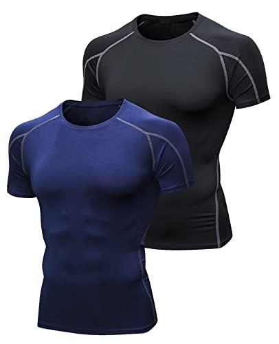 Niksa 2 Pezzi Fitness T-Shirt Maglia Compressione Uomo Maniche Corte Asciugatura Rapida Maglia da Sport per Corsa, Palestra 1053 Cenere Nera (L)
