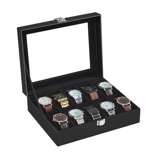 SONGMICS Porta Orologi a 10 Posti, Scatola Portaorologi, Coperchio in Vetro, Cuscini Rimovibili, Chiusura in Metallo, Idea Regalo, Similpelle Nera, Interno Nero JWB010B02
