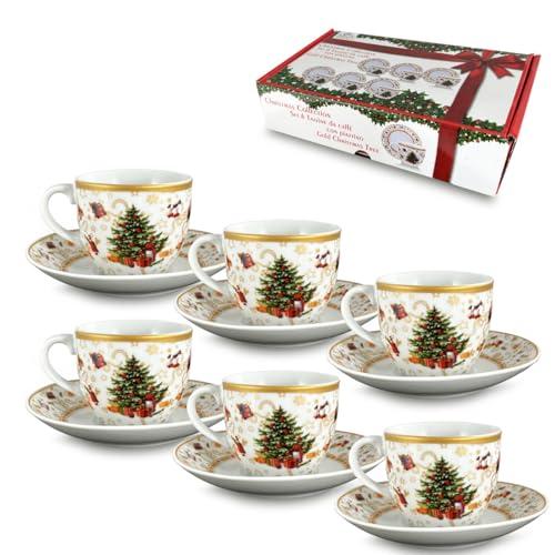 ARCA, Set di 6 Tazze da Caffè con Piattino in Porcellana, per 6 Persone, con Decorazione Natalizia Albero di Natale, Resistenti e Durature, Ideali per la Tavola, Idea Regalo di Natale, 4,5x5,5 cm