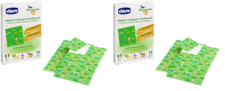Chicco Natural Cerotti Sticker Colorati Profumati alla Citronella e Eucalipto, con Oli Essenziali in Microcapsule che si Attivano Strofinandole, Applicare su Vestiti, Passeggini, Multicolore, 12 pezzi