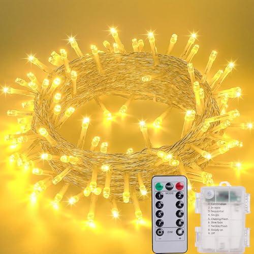 Litark Luci Natale Esterno a Batteria, 10M 100 LED Bianco Caldo con Telecomando